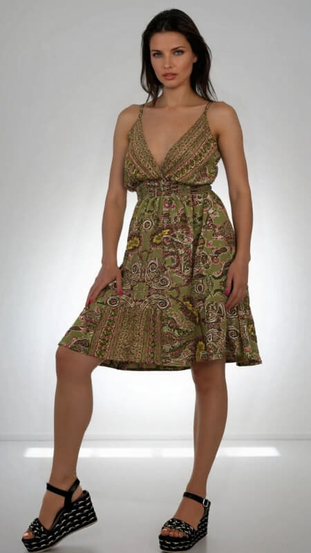 φόρεμα mini boho τιράντα με λάστιχο σφηκοφωλιά στη μέση