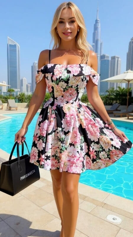 φόρεμα mini floral κλος έξωμο με τιράντες & ζώνη στην μέση