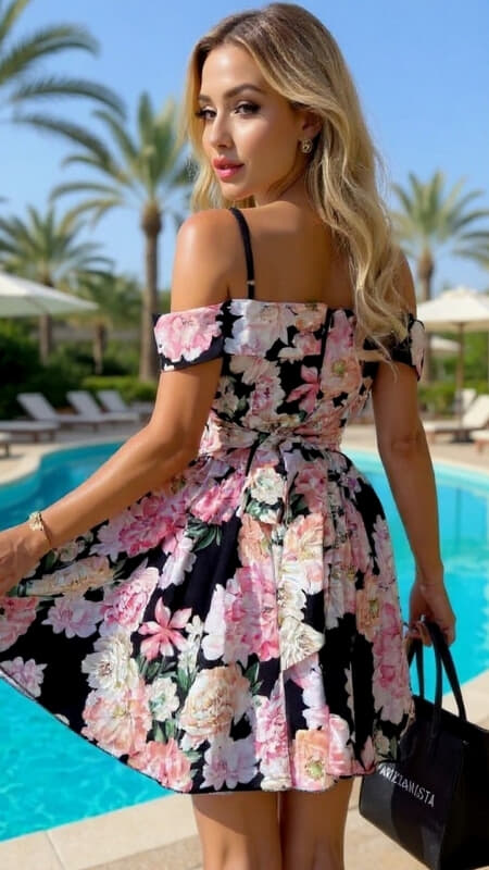 φόρεμα mini floral κλος έξωμο με τιράντες & ζώνη στην μέση