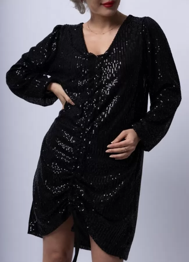 Parizianista φόρεμα mini παγιέτα με σούρες & λαιμόκοψη 'V' - Μαύρο