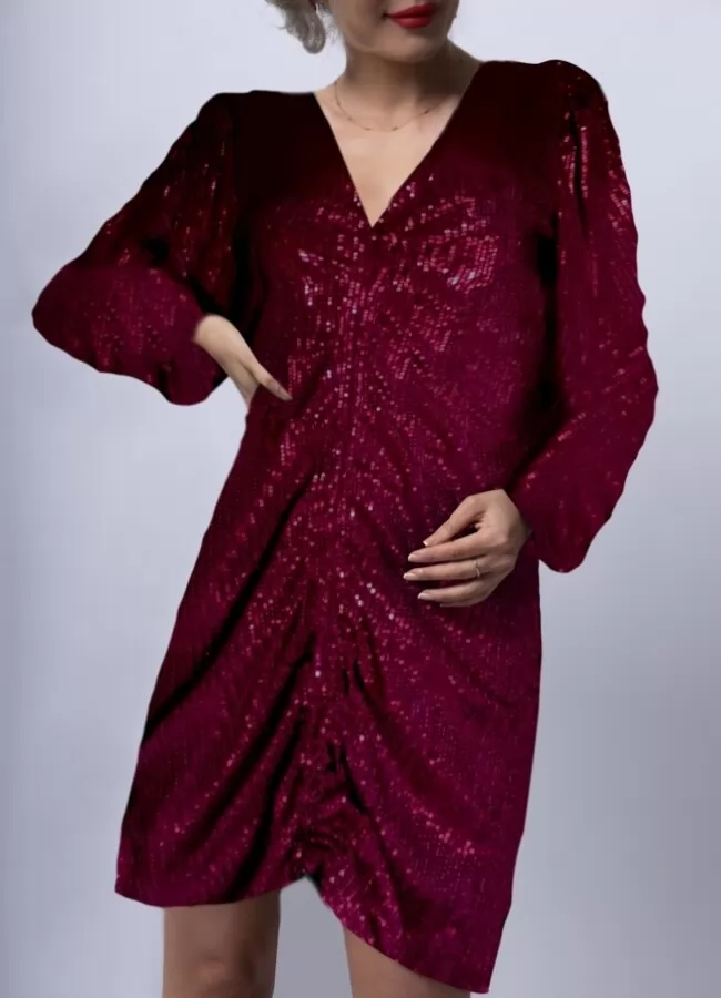 Parizianista φόρεμα mini παγιέτα με σούρες & λαιμόκοψη 'V' - Μπορντώ