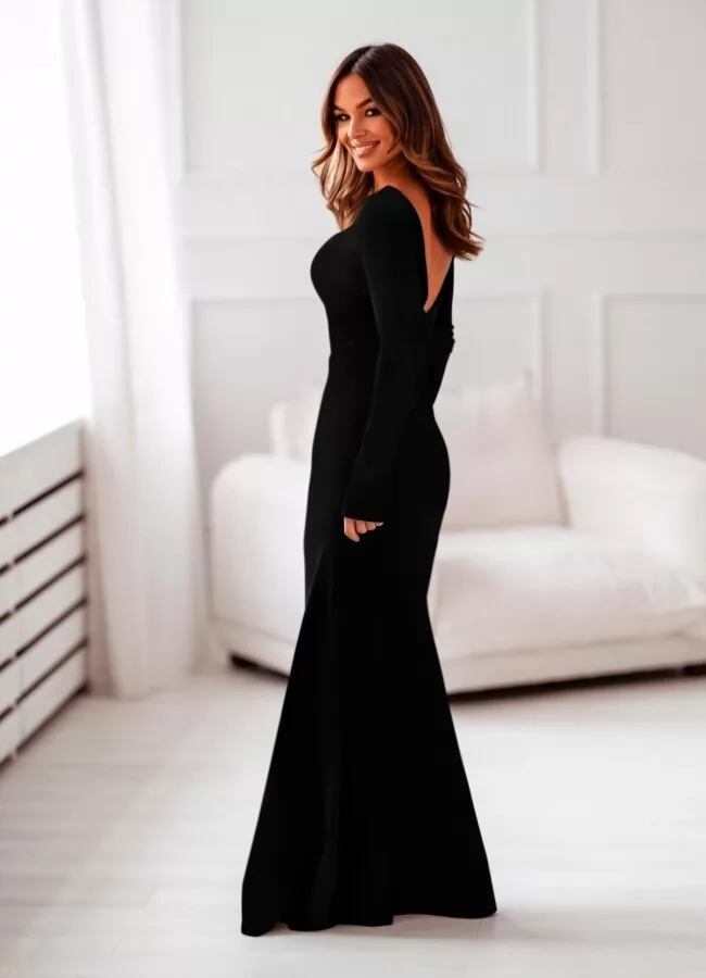 Parizianista φόρεμα πλεκτό maxi με ανοιχτή πλάτη σε A γραμμή - Μαύρο