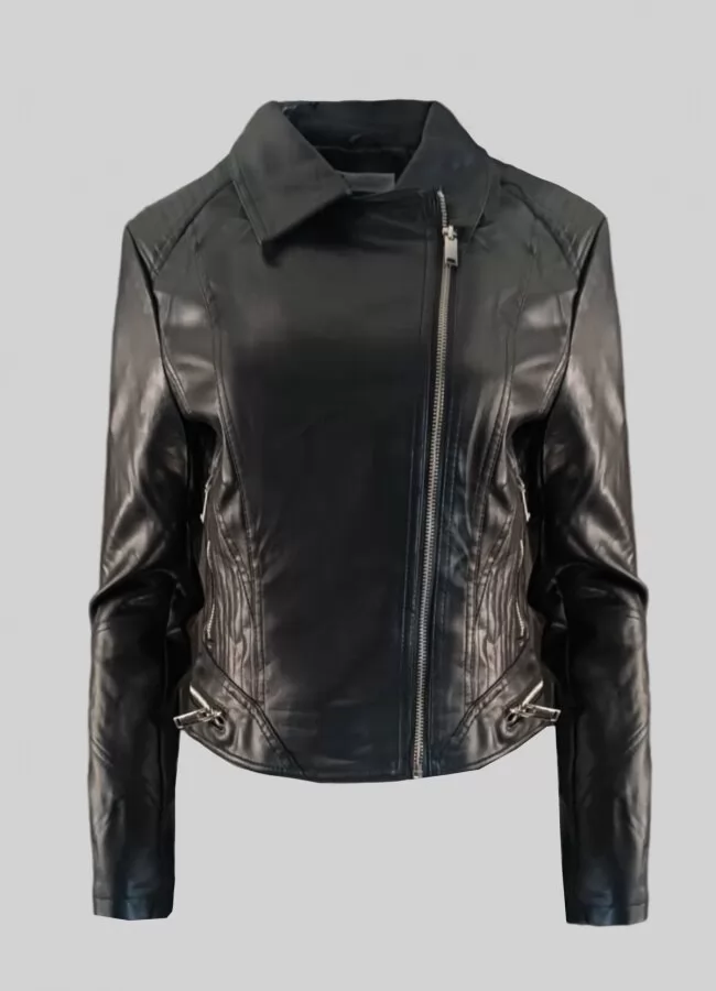 Parizianista Jacket δερματίνη κοντό μεσάτο με λοξό φερμουάρ & τσέπες - Μαύρο
