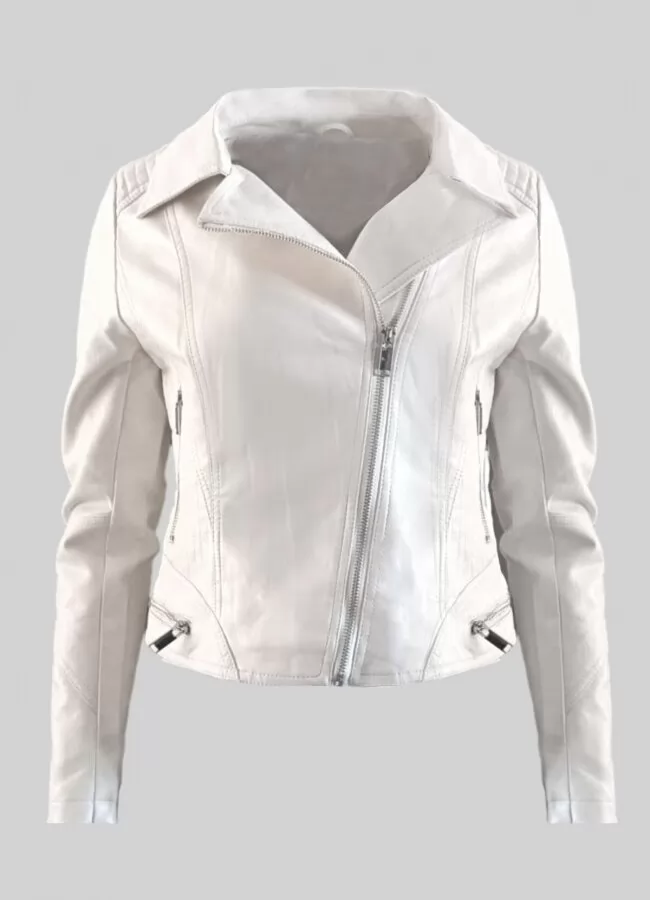 ΑΡΧΙΚΗ > ΜΠΟΥΦΑΝ / JACKETS > Δερματίνη Jacket Jacket δερματίνη κοντό μεσάτο με λοξό φερμουάρ & τσέπες - Λευκό