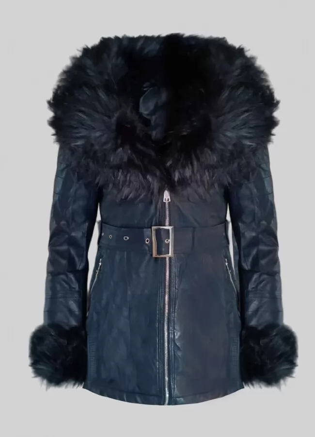 Parizianista Jacket δερματίνη με ζώνη & γούνα περιμετρικά στον γιακά &στα μανίκια - Μπλε σκούρο