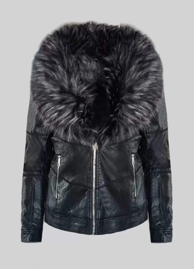 Parizianista Jacket κοντό δερματίνη μεσάτο με γούνα περιμετρικά στον γιακά & τσέπες - Μαύρο