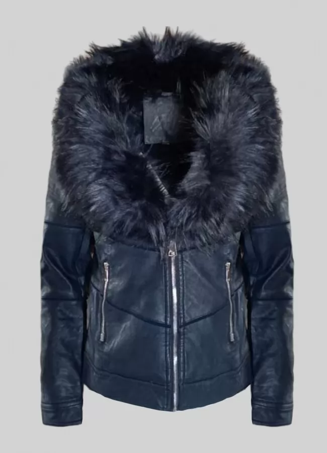 Parizianista Jacket κοντό δερματίνη μεσάτο με γούνα περιμετρικά στον γιακά & τσέπες - Μπλε σκούρο