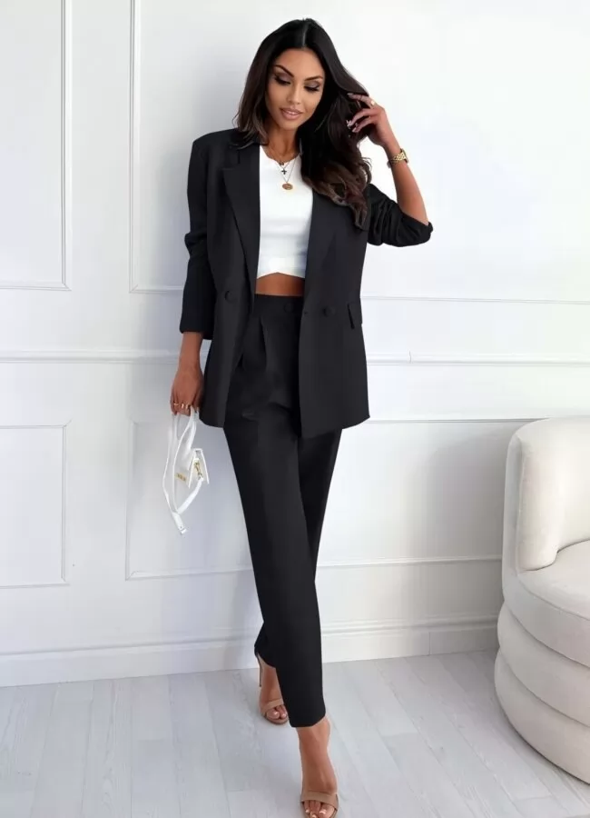 ΑΡΧΙΚΗ > ΠΡΟΪΟΝΤΑ > Plus Size κοστούμι σετ παντελόνι με διπλό κουμπί & σακάκι oversize με βάτες - Μαύρο