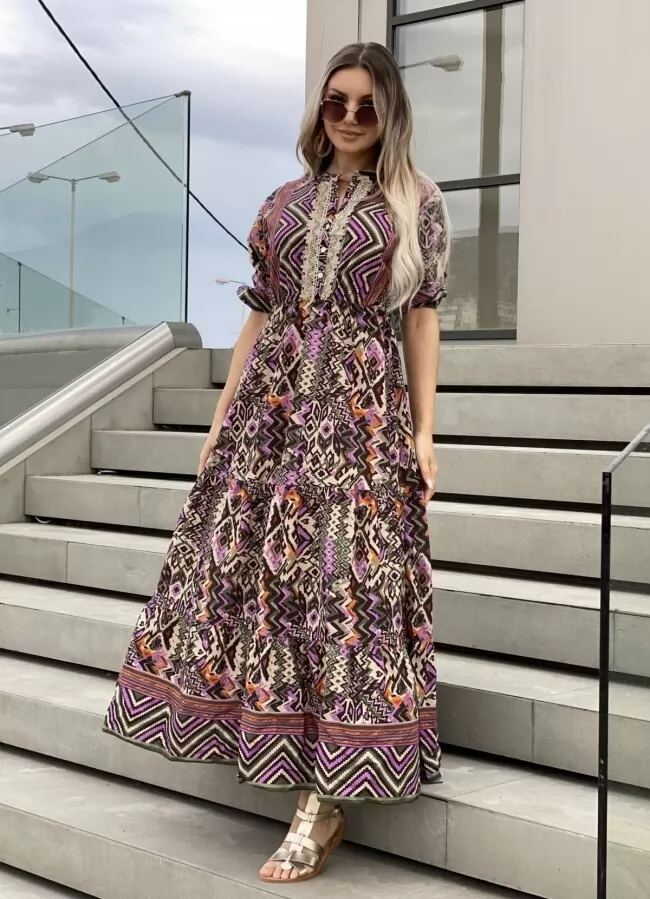 maxi boho φόρεμα αέρινο με δαντέλα στο ντεκολτέ