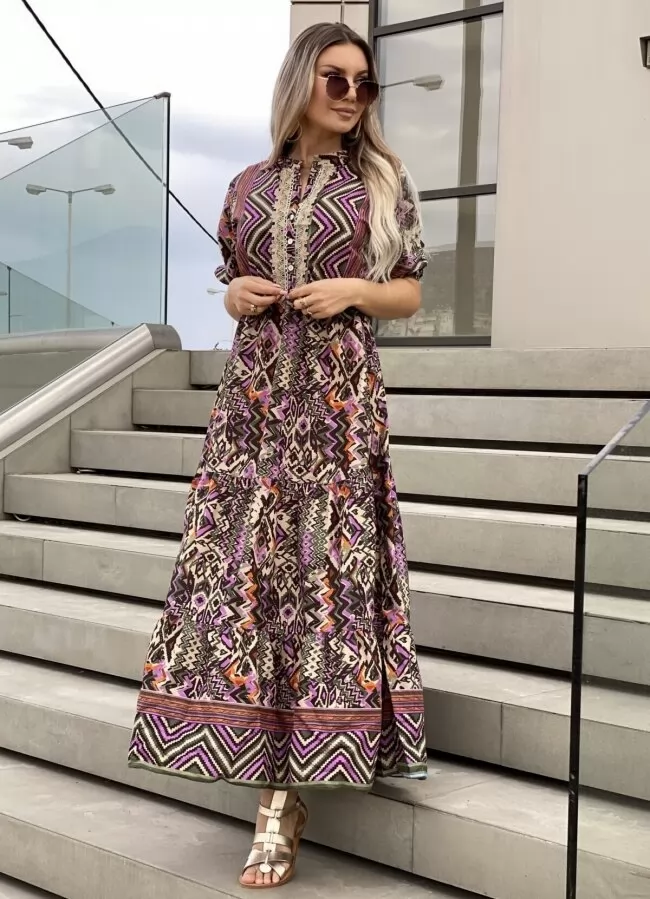 maxi boho φόρεμα αέρινο με δαντέλα στο ντεκολτέ