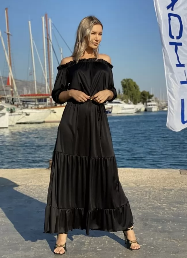 maxi έξωμο φόρεμα με βολάν