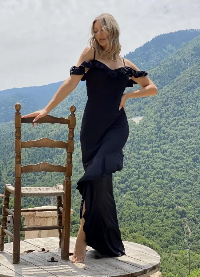 decollete maxi dress with ruffles