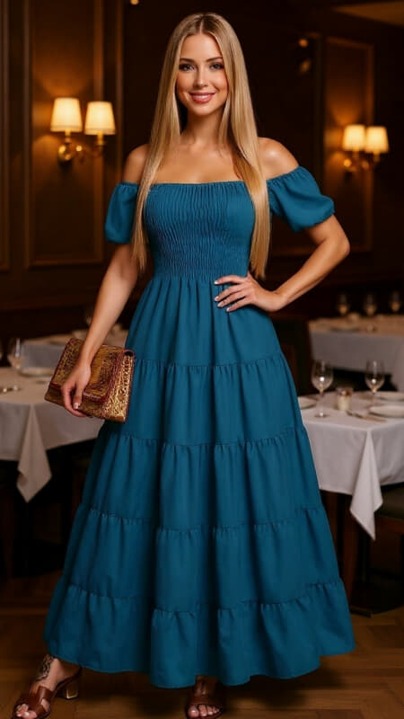 maxi φόρεμα boho έξωμο με σφηκοφωλιά στο μπο΄ύστο.