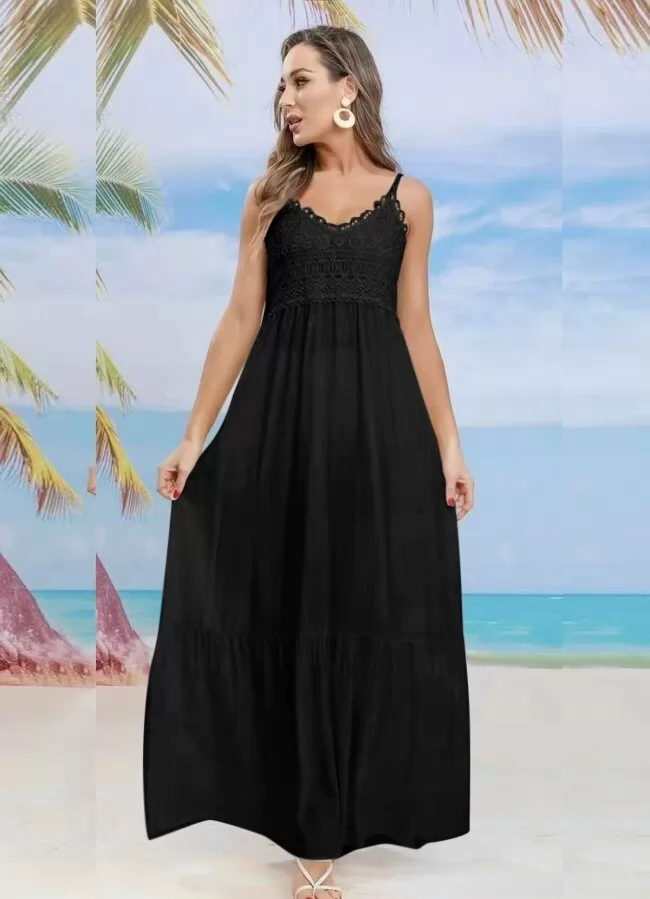 ΑΡΧΙΚΗ > ΠΡΟΪΟΝΤΑ > 2+1 ΔΩΡΟ Maxi φόρεμα τιράντα με δαντέλα στο ντεκολτέ - Μαύρο