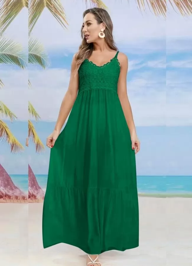ΑΡΧΙΚΗ > ΠΡΟΪΟΝΤΑ > 2+1 ΔΩΡΟ Maxi φόρεμα τιράντα με δαντέλα στο ντεκολτέ - Πράσινο