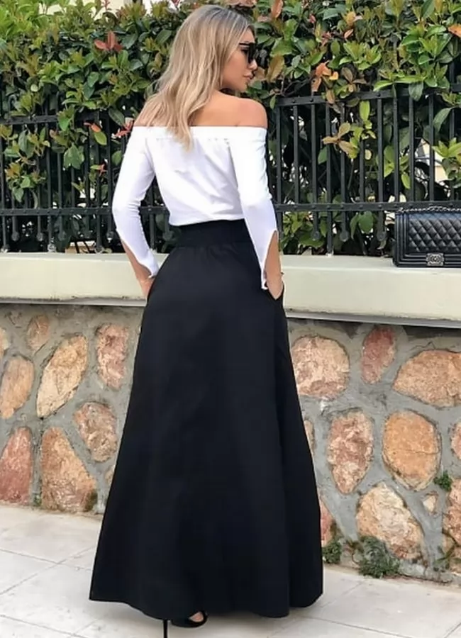 Maxi φούστα καμπαρντινέ με πιέτες ψηλόμεση