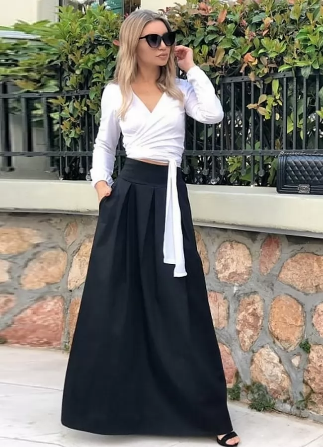 Maxi φούστα καμπαρντινέ με πιέτες ψηλόμεση