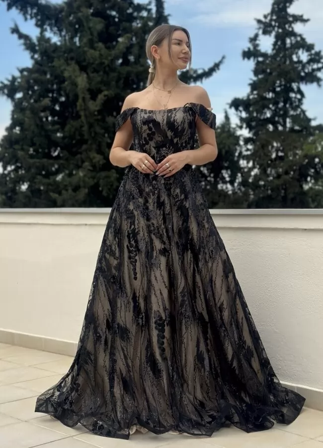 maxi 'princess'φόρεμα με κέντημα τούλι έξωμο