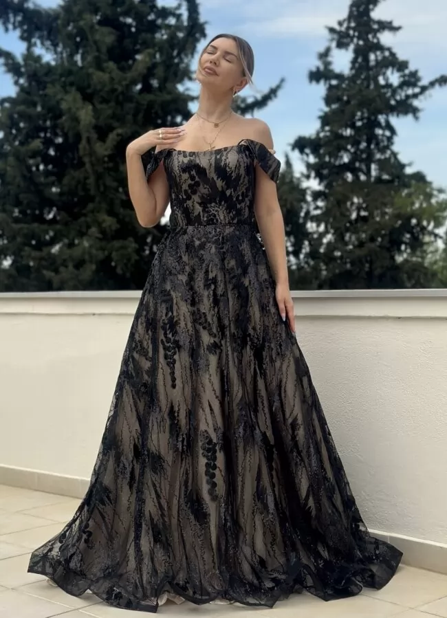 maxi 'princess'φόρεμα με κέντημα τούλι έξωμο