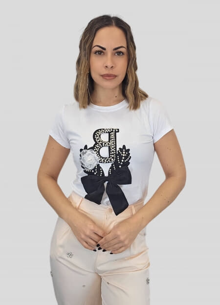 μπλούζα κοντομάνικη με φιόγκο & πέρλες