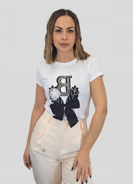 μπλούζα κοντομάνικη με φιόγκο & πέρλες