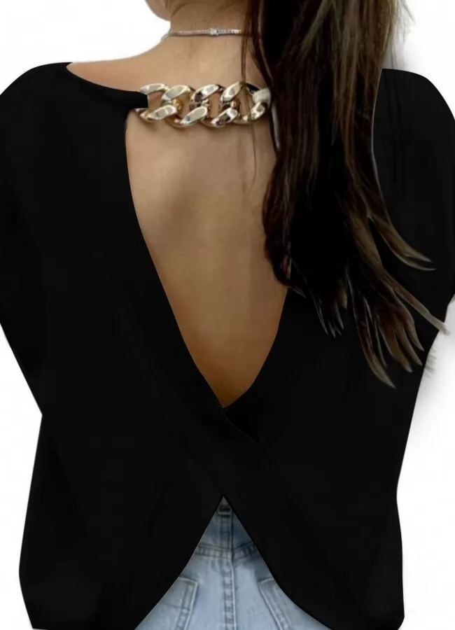 Parizianista μπλούζα πλεκτή με ανοιχτή πλάτη & χρυσή αλυσίδα - Μαύρο
