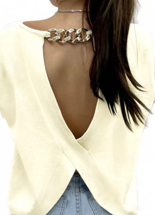Parizianista μπλούζα πλεκτή με ανοιχτή πλάτη & χρυσή αλυσίδα - Εκρού