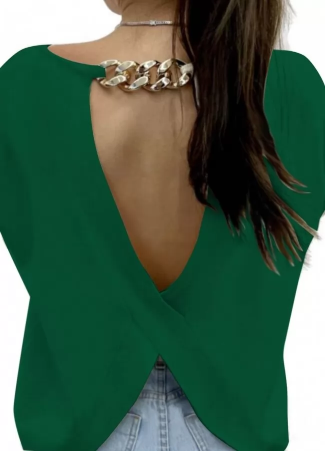 Parizianista μπλούζα πλεκτή με ανοιχτή πλάτη & χρυσή αλυσίδα - Πράσινο