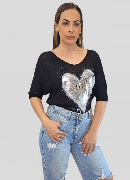 μπλούζα πλεκτή με lurex κλωστή & στάμπα love
