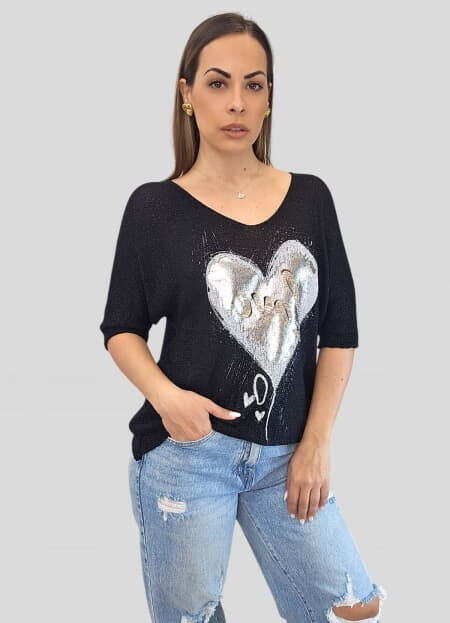 μπλούζα πλεκτή με lurex κλωστή & στάμπα love