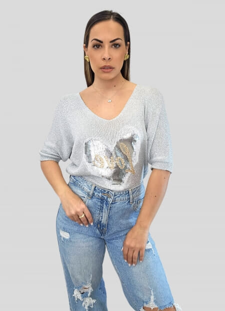 μπλούζα πλεκτή με lurex κλωστή & στάμπα love