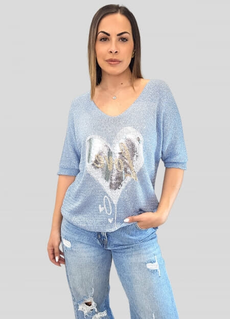 μπλούζα πλεκτή με lurex κλωστή & στάμπα love