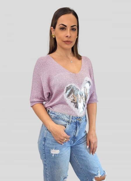 μπλούζα πλεκτή με lurex κλωστή & στάμπα love