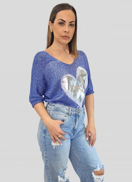 μπλούζα πλεκτή με lurex κλωστή & στάμπα love