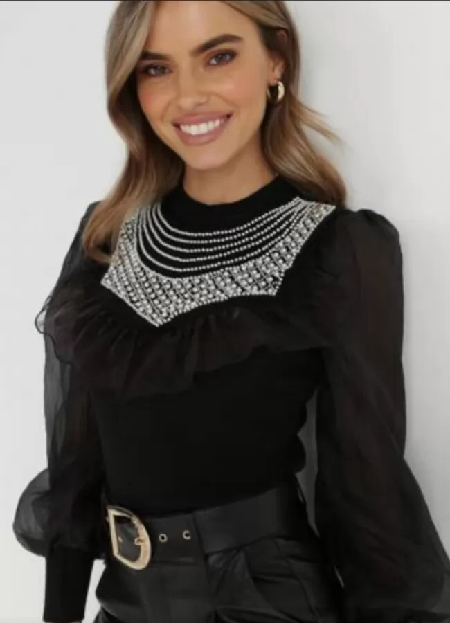 Parizianista μπλούζα πλεκτή με πέρλες στο λαιμό & οργάντζα στα μανίκια - Μαύρο