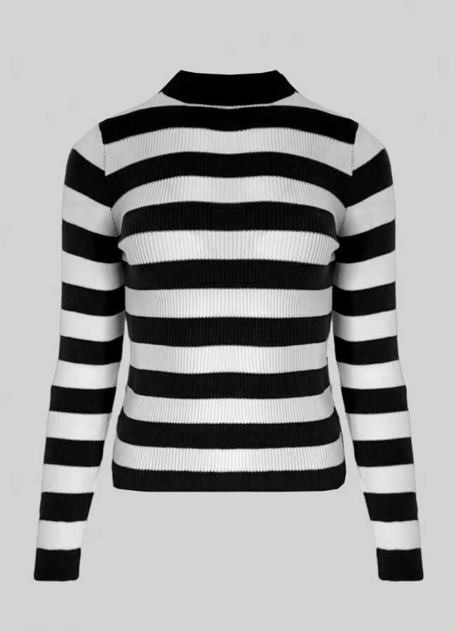 Parizianista μπλούζα πλεκτή ριγέ με διακοσμητικά κουμπιά στα μανίκια - Μαύρο