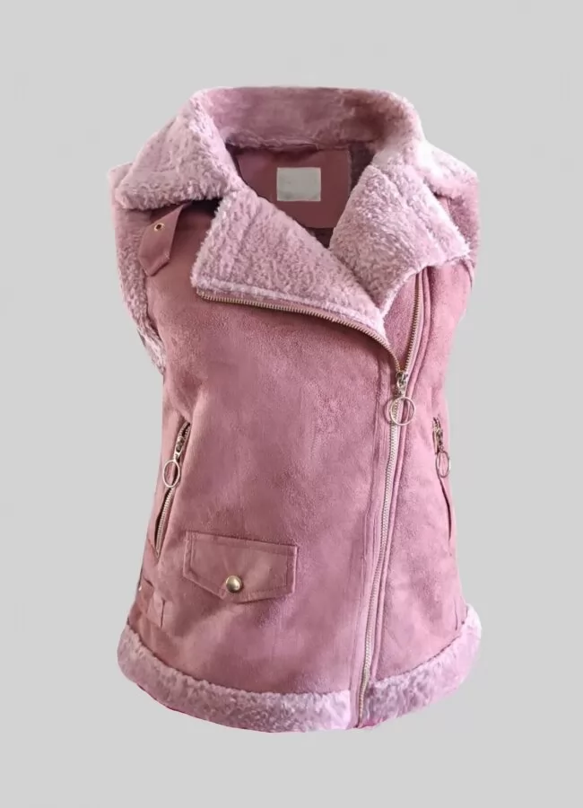 Parizianista μπουφάν αμάνικο μουτόν με επένδυση γούνας & τσέπες - Ροζ
