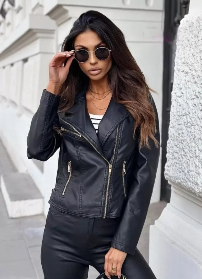 Parizianista μπουφάν jacket δερματίνη κοντό μεσάτο με φερμουάρ - Μαύρο