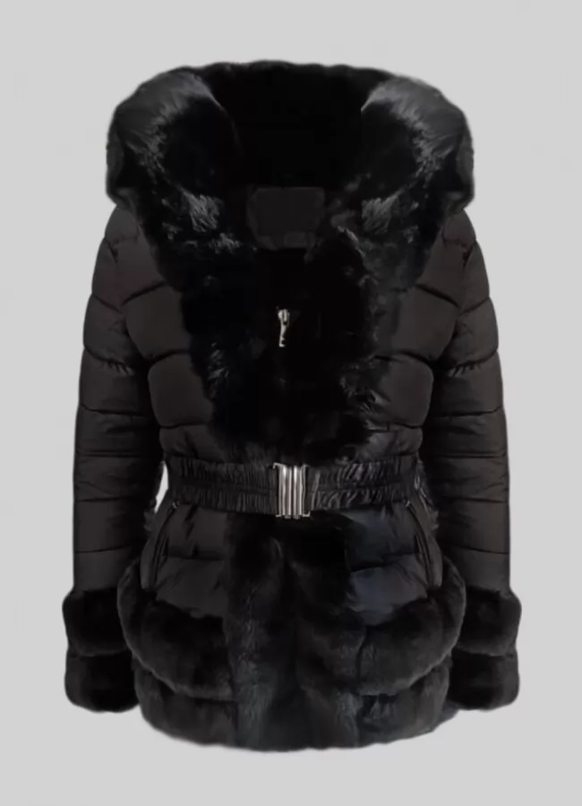 Parizianista μπουφάν κοντό με κουκούλα & γούνα περιμετρικά - Μαύρο