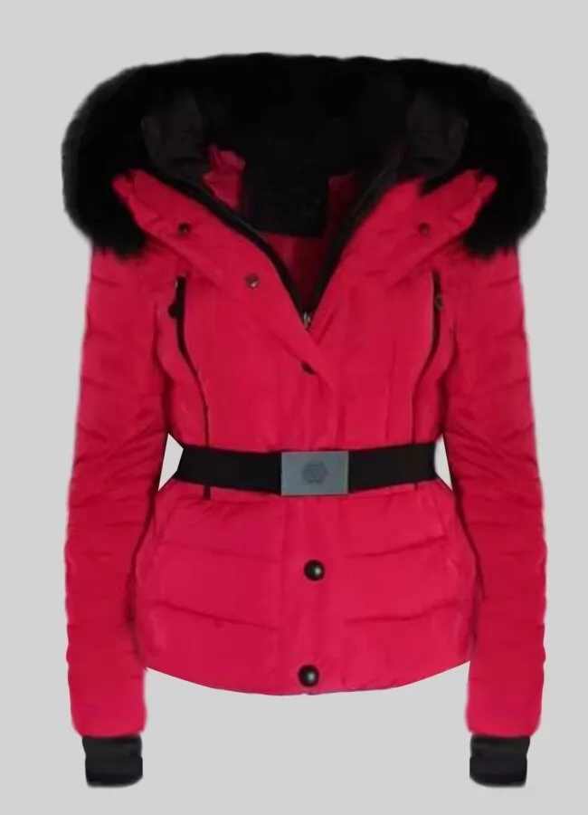 Parizianista μπουφάν κοντό μεσάτο με ελαστική ζώνη & γούνα στην κουκούλα - Kόκκινο