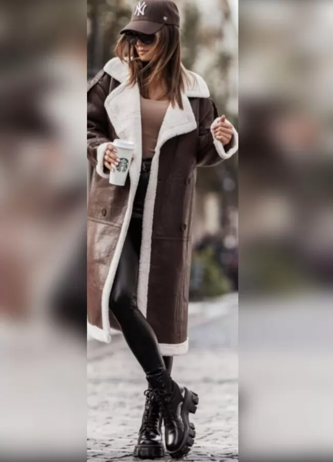 Parizianista παλτό μακρύ δερματίνη με λεπτομέρειες γούνας & τσέπες - Καφέ
