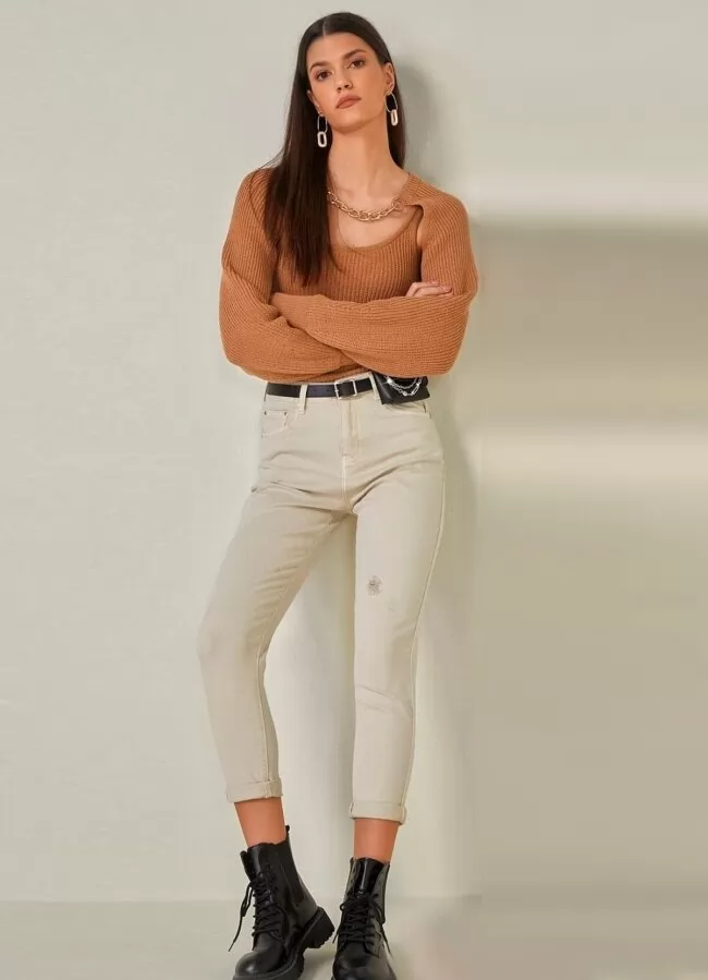 Parizianista παντελόνι jean mom fit με ζώνη-τσαντάκι - Εκρού