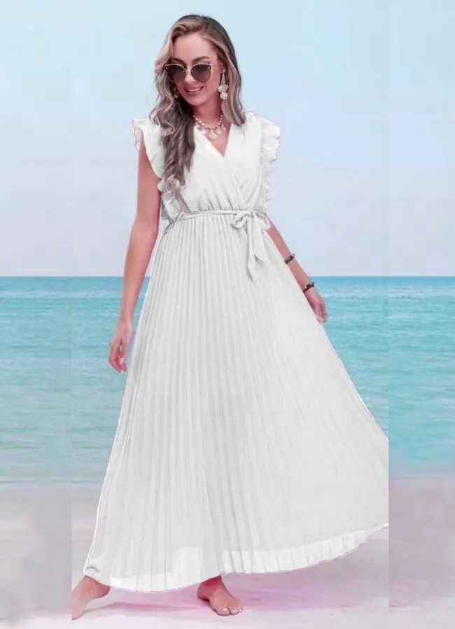 ΑΡΧΙΚΗ > ΠΡΟΪΟΝΤΑ > 2+1 ΔΩΡΟ πλισέ maxi φόρεμα αέρινο με βολάν μανικάκια - Λευκό