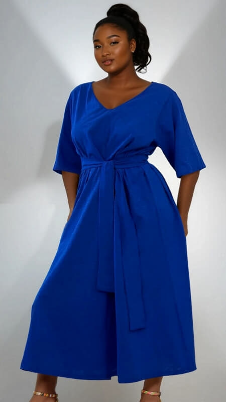 plus size φόρεμα κοντομάνικο maxi με V ντεκολτέ & ζώνη