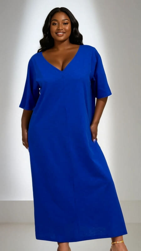plus size φόρεμα κοντομάνικο maxi με V ντεκολτέ & ζώνη