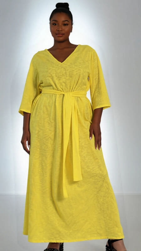 plus size φόρεμα κοντομάνικο maxi με V ντεκολτέ & ζώνη