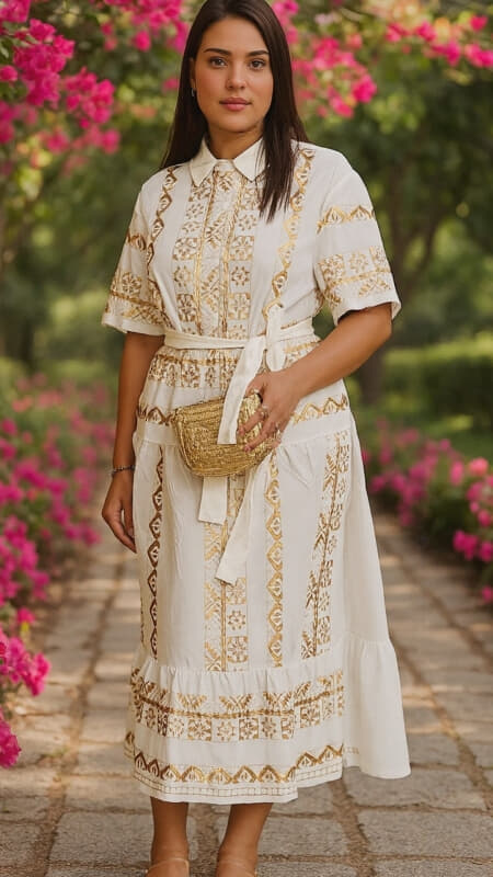 plus size φόρεμα με κέντημα και ζώνη