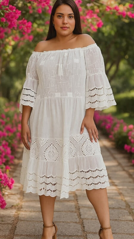 plus size midi φόρεμα έξωμο 3/4 μανίκι