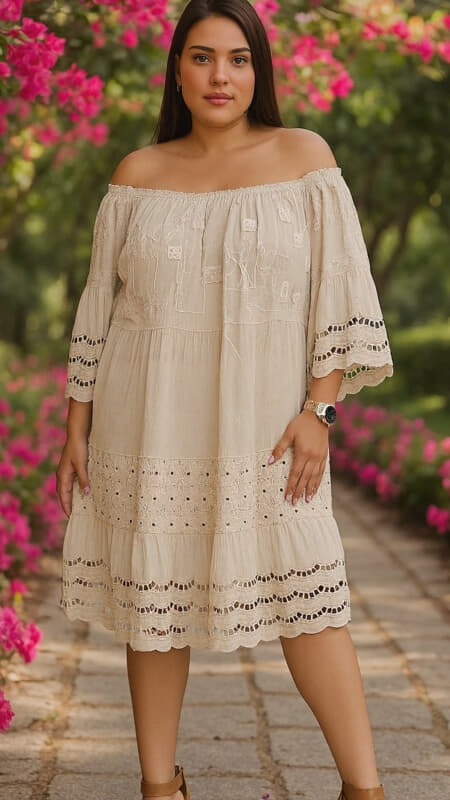 plus size midi φόρεμα έξωμο 3/4 μανίκι