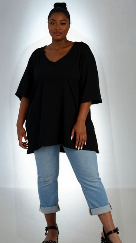 plus size μπλούζα κοντομάνικη με V & ανοίγματα στο πλάι
